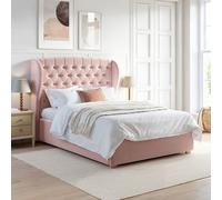 Pink Velvet Double Ottoman Bed with Winged Chesterfield Headboard - Safina