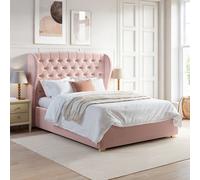Pink Velvet King Size Ottoman Bed with Winged Chesterfield Headboard - Safina