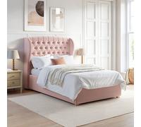 Pink Velvet Small Double Ottoman Bed with Winged Chesterfield Headboard - Safina