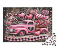Pink Vintage Truck 1000 Piece Puzzle Love On Wheels Interlocking Pieces Detailed Artwork Thick Cardboard for Seniors 70x50cm/1000pcs