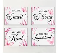 Pink Wall Art, 4 Pcs Butterfly Inspirational Wall Decor, Positive Motivational Canvas Framed Painting Prints for Teens Room Bedroom Bathroom Living Room Dorm (8x10 Inches)