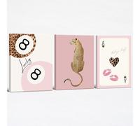 Pink Wall Art Trendy Cheetah Prints Retro 8 Ball Lucky Poster Set of 3 Funky Preppy Leopard Picture Coquette Room Decor Aesthetic for Girls Bedroom Dorm 11x14 inch Framed