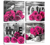 Pink Wall Decor Bedroom Wall Art Rose Flower Pictures Artwork 12x12 Retro Gray Love Floral Couples Canvas Prints Painting Modern Office Spa Bathroom Living Room Home Decoration Accessories 4Pcs/Sets