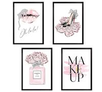 Pink Wall Decor, Room Decor Aesthetic Set of 4 | Cute Preppy Room Decoration High Heels, Lipstick, Makeup, Perfume Unframe Wall Art Prints for Girls Teens 8x10 Inches