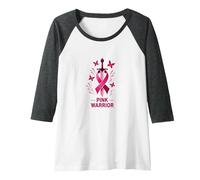 Pink Warrior: Breast Cancer Awareness Butterfly Sword Raglan Baseball Tee, Women, Dark Heather/White, XXL