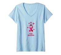 Pink Warrior: Breast Cancer Awareness Butterfly Sword V-Neck T-Shirt, Women, Baby Blue, XXL