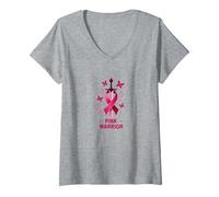 Pink Warrior: Breast Cancer Awareness Butterfly Sword V-Neck T-Shirt, Women, Heather Grey, XXL