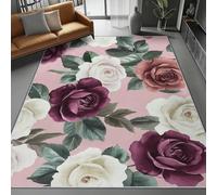 Pink Washable Area Rug 120 x 160 cm, Vintage Watercolor Plants And Flowers Printed Design Short Lint Non-Slip Backing Carpet For Living Room, Open-Plan Lounge Tea Rooms Country Estates Outdoor Rug