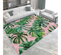 Pink Washable Area Rugs Tropical green leaves Area Rug for Living Room 140 x 200 cm Soft Faux Short Pile Carpet Mat Durable Enough Foldable Apply to Bedroom Dining Room