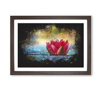 Pink Water Lily Flower Paint Splash Framed Print | A2 Walnut Framed Wall Art | Ready to Hang | Modern Floral Picture | Living Room Bedroom Lounge Office