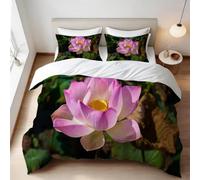 Pink Water Lily Super King Duvet Cover Set 3D Printed Chinese Style Bedding Set Ultra Soft Microfiber Quilt Cover 220x260 cm for Double Bed with 2 Pillowcases with Zipper E/780