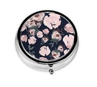 Pink Watercolor Roses Dark Navy Blue FloralMeta Pill Box 3 Compartment Medicine Case,Portable Organizer