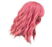 Pink Wavy Cosplay Wig with Bangs for Party Costume Styling | High Temperature Fiber, Chic Fashionable Look, Easy, for Role Play Parties and Daily Fashion Try