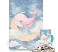 Pink Whale on Moon Watercolor Art 1000 Piece Jigsaw Puzzles for Adults Teenagers Recall Boost Calm Escape Smooth Cut Heartfelt Gift (50x75cm)