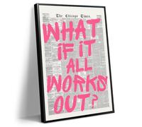 Pink What If It All Works Out Quote Poster, Vintage Black White Newspaper Canvas Wall Art, Trendy Positive Affirmations Picture Print, Charming Inspirational Office Wall Decor 12x16in Unframed