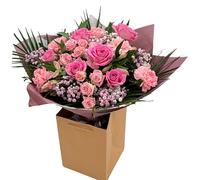 Pink Whisper Fresh Flower Bouquet of Roses, Carnations, Baby's Breath in Gift vase Box - Summer Floral Arrangement, Birthday Celebrations, Anniversaries, Weddings, Wifely