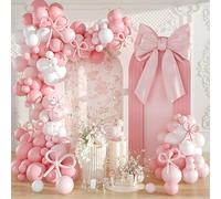 Pink White Balloon Arch Kit, 109pcs Pastel Bow Balloon Garland with White and Light Pink Long Balloons, Girls Women Coquette Party Decorations for Princess Birthday, Baby Shower, Wedding, Engagement