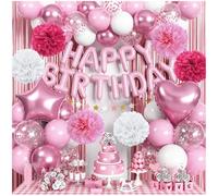 Pink & White Birthday Decorations for Girls - Happy Birthday Banner, Star/Heart Foil Balloons, Latex Party Balloons, Fringe Curtain | Women's Party Supplies Kit