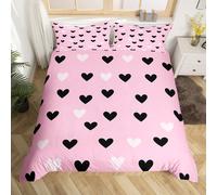 (Pink White Black, Double(No Comforter)) Homewish Heart Double Duvet Cover Black Love Heart Bedding Set,Geometric Line Decor Comforter Cover Cute Heart Bed Set For Kids Boys Girls Teens