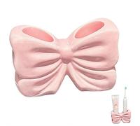 Pink/White Bow Toothbrush Holder, 2-Slot Ceramic Toothbrush and Toothpaste Holder Set for Bathroom Counter, Cute Organizer for Electric Toothbrushes, Floss and Razors, Girly Bathroom Decor (pink)