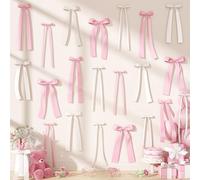 Pink White Bow Wall Decor, 40Pcs White Pink Bow Birthday Decorations, DIY Ribbon Satin Bows Photo Backdrop for Women Girl Coquette Wall Bachelorette Baby Bridal Shower Room Bedroom Wedding Party Decor