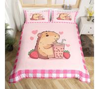 (Pink White Brown, Single(No Comforter)) Kids Cartoon Capybara Double Duvet Cover,Dessert Strawberry Cake Bedding Set Starry Sweet Donut Comforter Cover Cute Animals Lovers Bed Cover,Pink