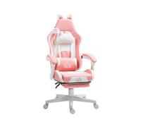 Pink/White Cat Ear and Paw Reclining Office Chair with Footrest - Ergonomic Soft Fabric Adjustable Cozy Gaming Desk Chair