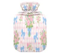 Pink White Checkered Pattern Flowers Travel hot Water Bottle with Soft Cover, 2L hot compresses for The Body for Pain Relief,Pain Relief,compresas calientes para el vientre