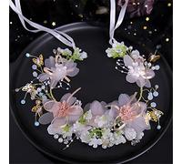 Pink White Flower Veil Headband Bracelet Pearl Crystal Hairband Hand Vine Butterfly Ribbon Wedding Hair Accessories (Gold 1pc (1Pack))