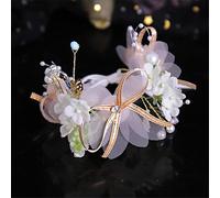 Pink White Flower Veil Headband Bracelet Pearl Crystal Hairband Hand Vine Butterfly Ribbon Wedding Hair Accessories (Gold 1pcs (1Pack))