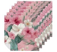 Pink White Flowers Banana Leaves Cloth Napkins Set of 6, Square Premium Reusable Washable Polyester Table Linen Napkin for Dinner Party