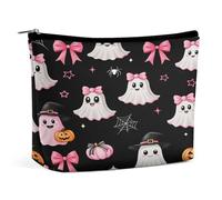 Pink White Ghosts Bats Spiders PU Leather Cosmetic Bag for Women Portable Travel Makeup Pouch with Zipper Cute Toiletry Bag Ideal Gift for Girls Ladies Mom