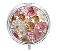 Pink White Gold Flowers Pill Box - 3 Compartment Travel Pill Organizer with Small Mirror, Portable Pillcase for Pocket & Purse, Cute Round Medicine Case, Weekly Medicine Container
