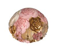 Pink White Gold Flowers Printed Double-Layer Shower Cap, Reusable Shower Cap, Suitable For Various Hair Lengths
