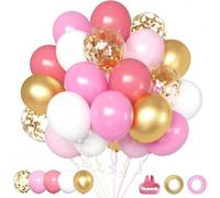 Pink White Gold Glitter Confetti Balloons Set with Ribbon and Hand Pump - 30PCS Matte Metallic Shiny Balloons for Birthday Wedding Shower Party Decorations Indoor Outdoor Celebrations