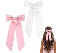 Pink & White Hair Bows - Long Tail Ponytail Clips - Retro 90s Party & Wedding Hair Accessories for Women & Girls
