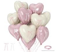 Pink White Heart Balloons with Ribbon Bow, 10 Pcs Baby Pink Cream Heart Shape Foil Balloons, 18In Pastel Nude Light Rosa Helium Balloon with Bow Decor for Girl Baby Shower Women Birthday Bridal Shower