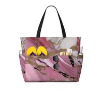 Pink White Marble Pattern Print Beach Tote Bag Waterproof Large Bags With Zipper Big Capacity For Vacation Travel
