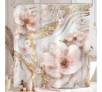 Pink White Marble Shower Curtain Set Modern Cherry Blossom Bathroom Decor