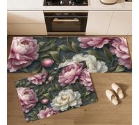Pink White Peony Flowers Kitchen Rug Set 2 Piece Realistic Floral Illustration Non Slip And Anti Fatigue Kitchen Mat, Blush Powder Washable Mats And Rugs For Hallway Runner Set,Home Decoration