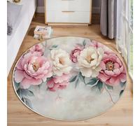 Pink White Peony Round Rugs for Living Room, Watercolor Floral Round Area Rug 120cm Machine Washable Rugs Pink Soft Non Slip Non Shedding Home Decor Rug for Bedroom Office Dining Room Lounge