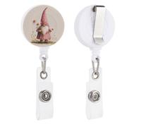 Pink White Polka-Dotted Gnome Holding Daisies Retractable Badge Holder Reel Clip ID Card Holder for Doctor Nurse Student Office Worker