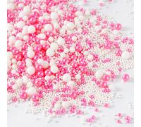 Pink White Sprinkles 130g, Edible Pearls for Cake Decorating Baking Cupcake Topper Ice Cream Cookie Toppings On Valentines Themed Girl Party, Mix Size Candy Pearls