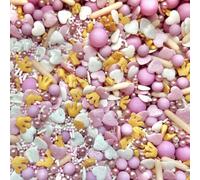 Pink white sprinkles peach beige blush gold crowns hearts chocolate balls princess party theme for cupcake cookies cake toppers pearls metallic 100s and 1000s edible decoration PRETTY PRINCESS