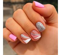 Pink White Swirl Glitter French Tip Short Square Press On Nails - 24 Pieces Stick On Artificial Nails With Wavy Art Design For Women And Enthusiasts, Easy Apply Glamorous Manicure Set For Everyday