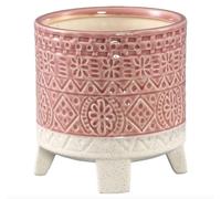 Pink & White Two-Tone Geometric Pot with Legs, Ceramic Pink Plant Pot with Legs, Cauldron Plant Pot with Feet, Patterned Tripod Pot, Bohemian Tribal Pattern Houseplant Pot Stand, Pink Pot, White Pot