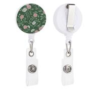 Pink White Vintage Floral Pattern on Green Retractable Badge Holder Reel Clip ID Card Holder for Doctor Nurse Student Office Worker