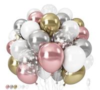 Pink White Winter Wonderland Snowflake Balloons Set, Metallic Light Pink Gold Silver White Snowflake Confetti Balloons for Girl Christmas Birthday Winter Onederland Baby Shower Xmas Party Decorations