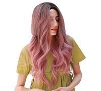 Pink Wig Human Hair, Middle Part Synthetic Wig Long Wavy Wigs Adjustable with Front and Rear Windproof Combs 27.5in Rose Mesh for Cosplay, Parties, Carnivals, and Daily Use