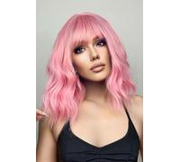 Pink Wig with Bangs Short Wavy Wigs for Women Pink Curly Bob Wig Shoulder Length Synthetic Fiber Wigs for Daily Use Party 14 Inch
